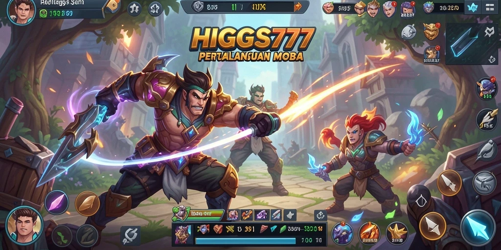 Tangkapan layar utama HIGGS777 menunjukkan aksi seru dalam pertarungan tim MOBA.