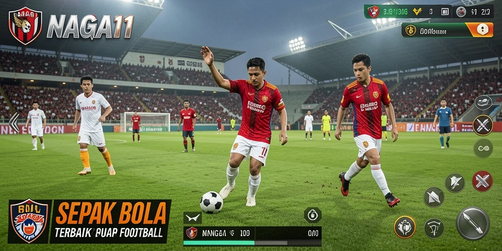 Screenshot utama NAGA11 menampilkan aksi seru permainan sepak bola.